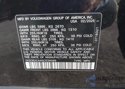 2025 Volkswagen Atlas 2.0T Peak Edition из США, поврежденный, VIN 1V2CR2CA4SC534086